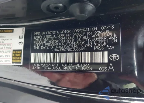 2013 Scion Tc из США, поврежденный, VIN JTKJF5C78D3063451